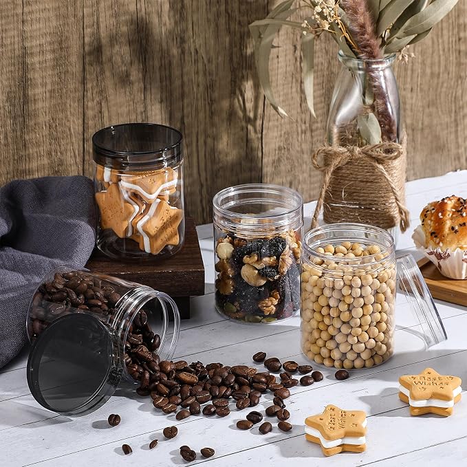 Sliner 60 Pcs 8 oz Plastic Jars with Lids Clear Round Leakproof Storage Containers Empty Refillable Plastic Mason Jars for Travel Storage Face Creams Kitchen Household Food Spice (Clear And Black)