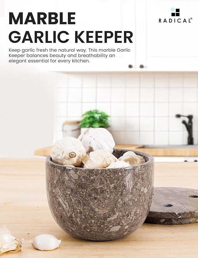 Radicaln Marble Garlic Keeper With Lid 4.5 Inch Oceanic Handmade Garlic Storage and Garlics Container For Kitchen, Keep Fresh Garlic Cloves, Ideal Garlic Keeper for Counter