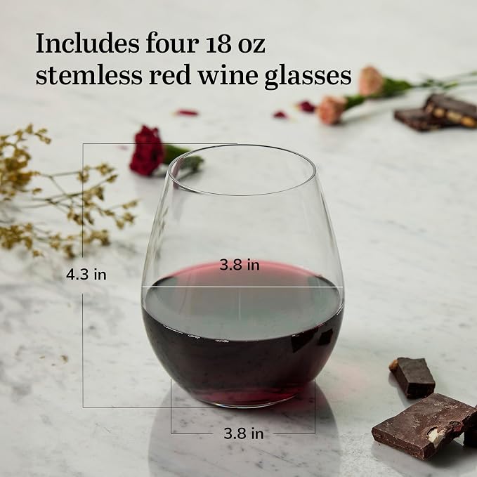 Libbey Signature Red Wine Glasses Set of 4, Elegant, Dishwasher Safe Glass Stemless Wine Glasses, Elegant Wine Glasses for Weddings, Birthdays & More