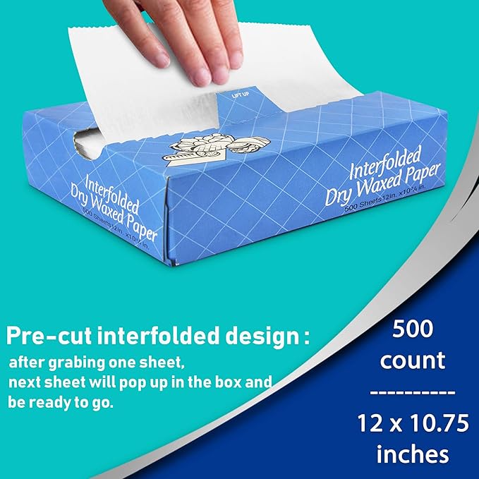 Fit Meal Prep 500 Sheets 12 x 10.75” Dry Wax Paper Sheets for Food, Greaseproof Sandwich Wrapping, Interfolded Deli Wax Paper for Fries, Burgers, Food Basket, Made in USA