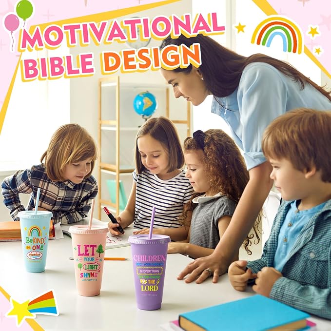 Uiifan 30 Pcs Morandi Christian Cups for Kids, Vacation Bible School Gifts 24oz Pastel Reusable Plastic Tumblers with Lids Straws, Neutral Bible Verse Party Cups for Sunday School, Classroom, Holiday
