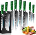 8-Piece Premium Japanese Kitchen Knife Set - Star Collection, Laser Damascus Pattern, 440A Stainless Steel Ultra Sharp for Fast Cutting (Green 8J)