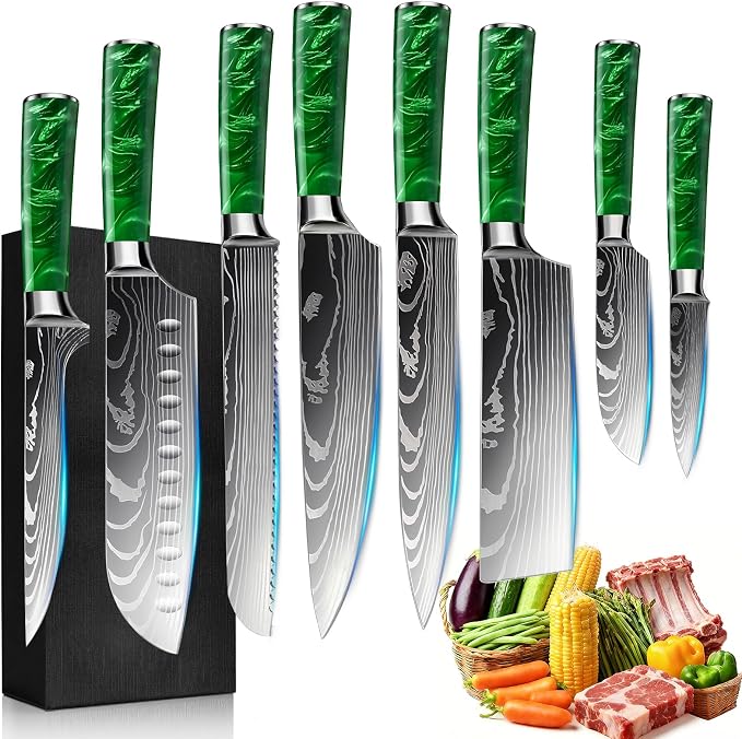 8-Piece Premium Japanese Kitchen Knife Set - Star Collection, Laser Damascus Pattern, 440A Stainless Steel Ultra Sharp for Fast Cutting (Green 8J)