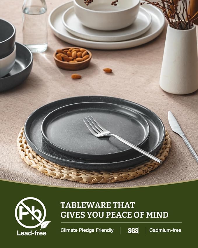 Famiware Milkyway Plates and Bowls Sets, 12 Pieces Dinnerware Sets, Reactive Glaze Dish Set, Stoneware Dishes Set for 4, Matte Beige White & Matte Dark Charcoal