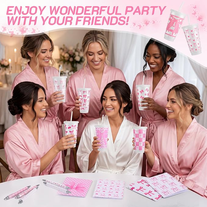Feifeiya 72 Pcs/ 24 Set Pink Bow Gifts 24 oz Reusable Tumbler with Lids and Straws Cute Pens Notepads Set Coquette Plastic Cups Gift for Bachelorette Birthday Baby Shower Decoration Favors