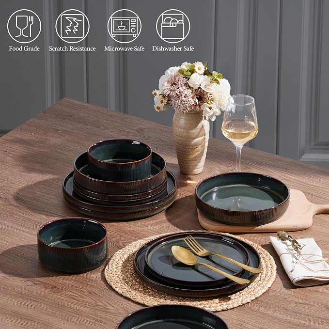 E-far 16 Piece Dinnerware Sets, Plates and Bowls with Pasta Bowls Service for 4, Modern Stoneware Ribbed Dishes for Kitchen Dining, Microwave & Dishwasher Safe, Blackish Green
