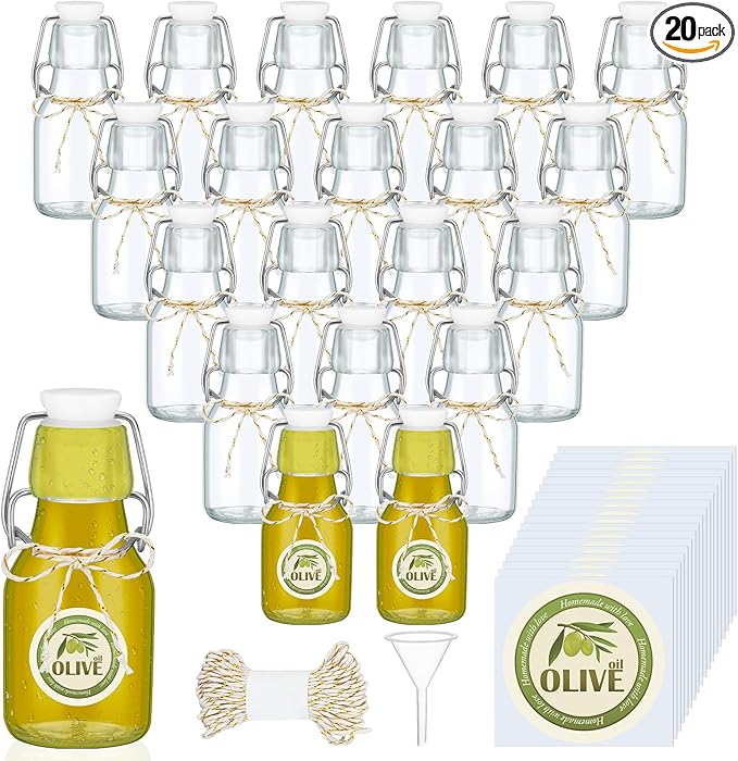 Queekay 20 Pack Mini Swing Top Glass Bottles for Vanilla Extract Homemade Olive Oil Bottles with Lids Airtight Cap Lids Labels for Wedding Baby Shower Favors(2 oz,Clear)