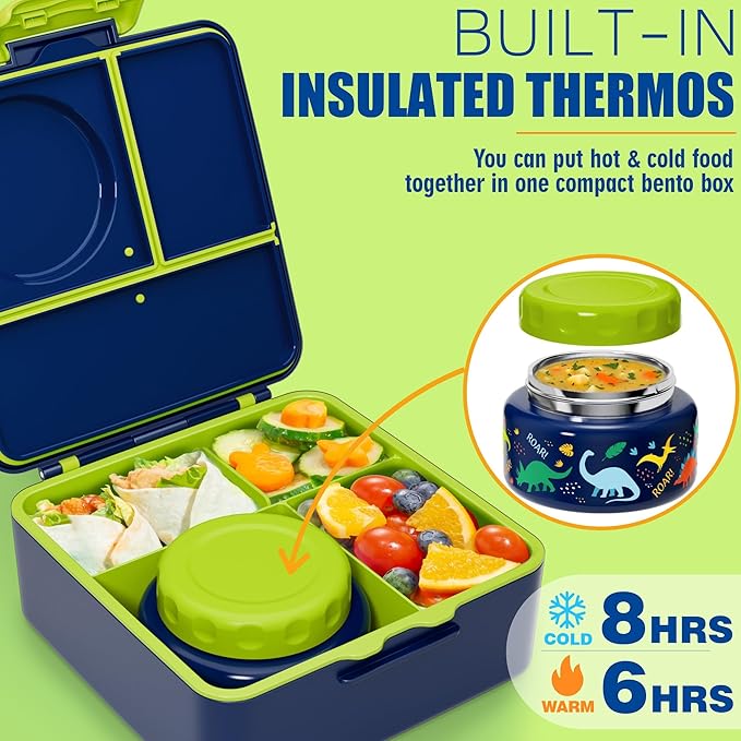 Fimibuke Kids Bento Lunch Box with Thermo, Leakproof Toddler Bento Box with 8.5OZ Insulated Food Jar, Lunch Bag & Utensils BPA Free Dishwasher Safe 3 or 4 Compartment Container for School Girls Boys