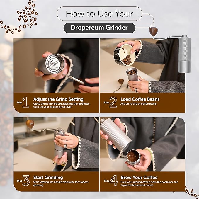 5 in 1 Manual Stainless Steel Coffee Grinder - Espresso Grinder, Manual Coffee Grinder, Coffee Grinder, Conical Coffee Burr Grinder with Double Bearing, Steel Body