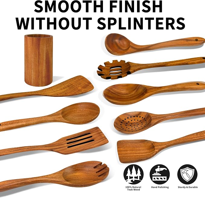 Brosisincorp Natural Teak Wood Spoons for Cooking with Holder 10 Pcs, Comfortable Grip Wooden Kitchen Utensils Set Scratch-Free Smooth Finish for Non-Stick Cookware