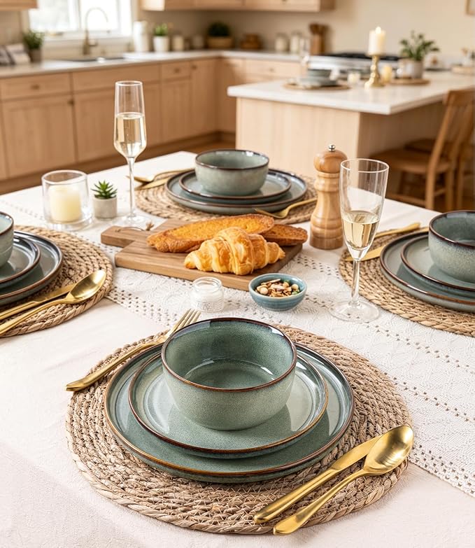 GBHOME Dinnerware Sets for 8, 24 Pieces Stoneware Plates and Bowls Sets, Scratch Resistant Dishes, Dishwasher & Microwave Safe, Reactive Glaze