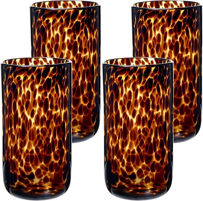 Honeydak Set of 4 Tortoise Leopard Print Brown 16 oz Rocks Glasses Stylish Stemless Cocktail Cups Glass Glassware Tumbler Ideal for Gin, Tequila, Vodka, Soft Drinks