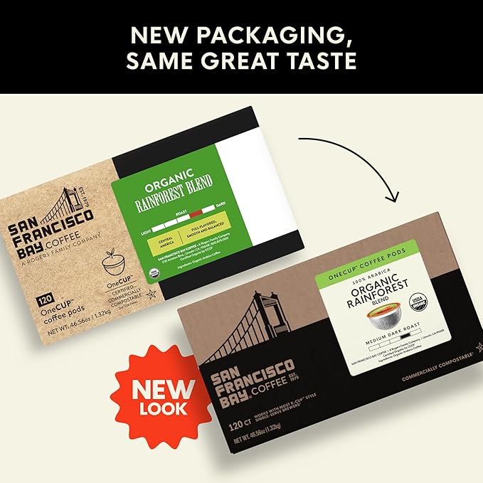 San Francisco Bay K-Cup Coffee Pods, Organic Rainforest Blend (120 ct), Medium-Dark Roast, Commercially Compostable USDA Organic Single-Serve Coffee Pods