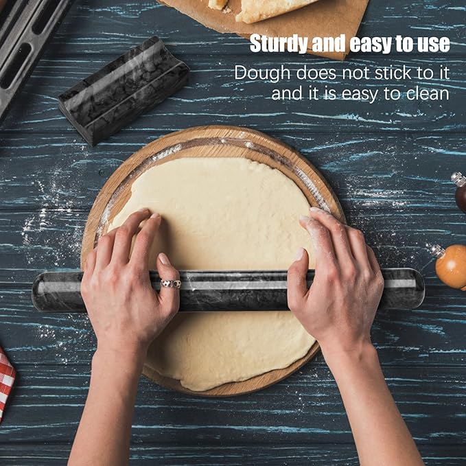 Marble Rolling Pin with Stand, 15.7" Black Stone French Heavy Polished Non Stick Cookie Pizza Pastry Dough Baker Roller for Kitchen Baking