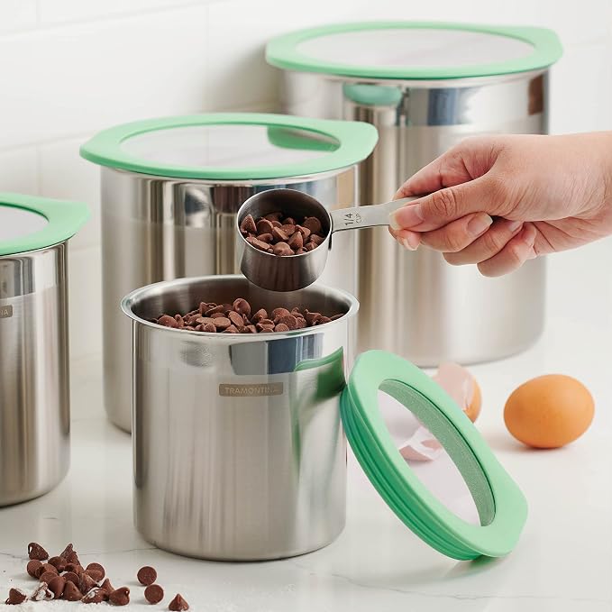 Tramontina 4-Piece Food Storage Containers with Silicone Lids, Stainless Steel Reusable Canister Set, Kitchen Pantry Organizer for Oats, Flour, Cereal, Sugar, Snacks (Mint Green)