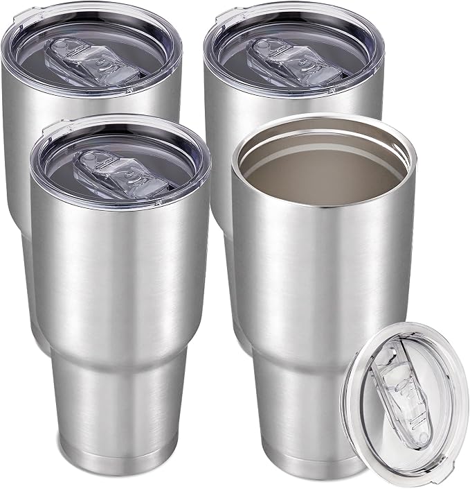 30 oz Tumbler with Lid Stainless Steel Tumblers Bulk Vacuum Insulated Cup Reusable Powder Coated Travel Mug Double Wall Leak Proof Cups Keep Cold Drinks for 12 Hours Stainless, Set of 4