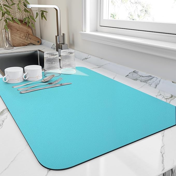 HotLive Dish Drying Mat for Kitchen Counter, Heat Resistant Drainer Mats with Non-slip Rubber Backed, Hide Stain Kitchen Super Absorbent Draining Mat, Easy to Clean Dish Rack Pad, Teal 18"x24"
