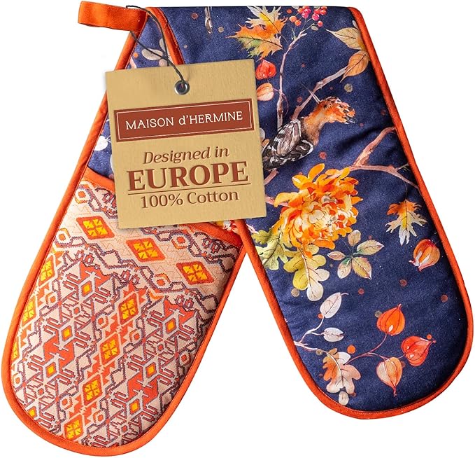 Maison d' Hermine Double Oven Mitt (7" x 35") 100% Cotton Heat Resistant BBQ Cooking Gloves with Loop for Thanksgiving Christmas Decorations Baking Cooking Barbeque Handling Hot Pan (Kelim - Infinity)