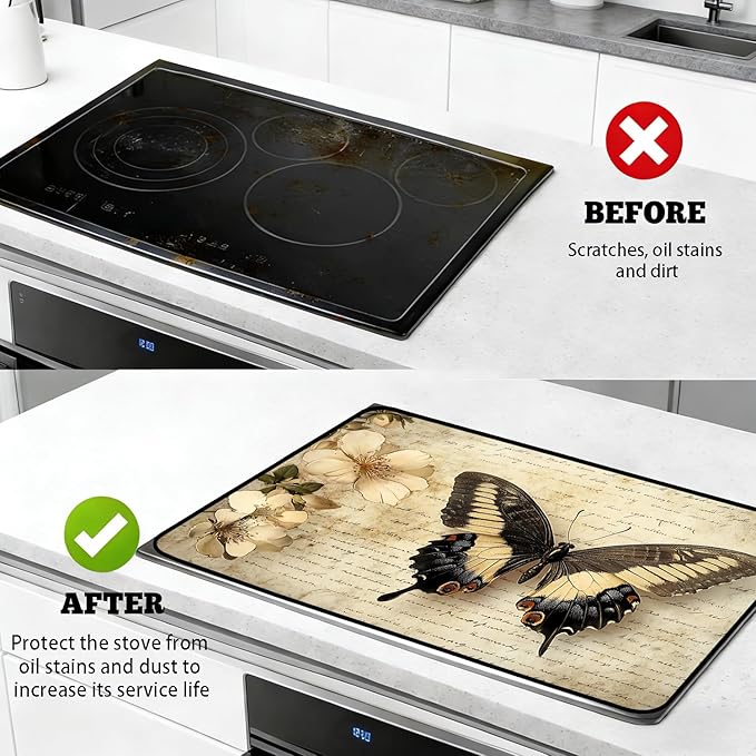Stove Top Cover for Electric Stove, Vintage Farmhouse Style Glass Cooktop Protector, Multi-functional Kitchen Counter & Washer Top Cover