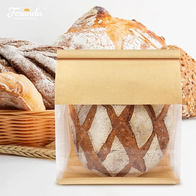 100 Pack Bread Bags with Tabs for Homemade Sourdough Bread, 8.7x4.3x11 Inches Tin Tie Tab Lock Large Paper Bakery Packaging Bags with Window for Gifting & Bake Sale | Thick Material, Grease Resistant, Self Standing