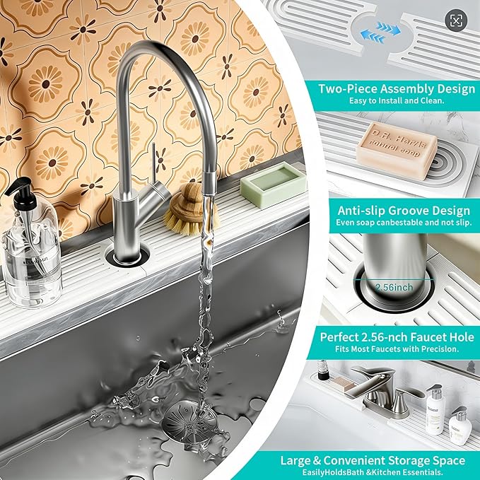 Absorbent Stone Faucet Mat for Kitchen Sink, Diatomite Stone Sink Tray Quick Dry, Bathroom Sink Splash Guard Behind Faucet, Water Catcher & Draining Mat for Sink Counter Protector, 15.8" x 4"