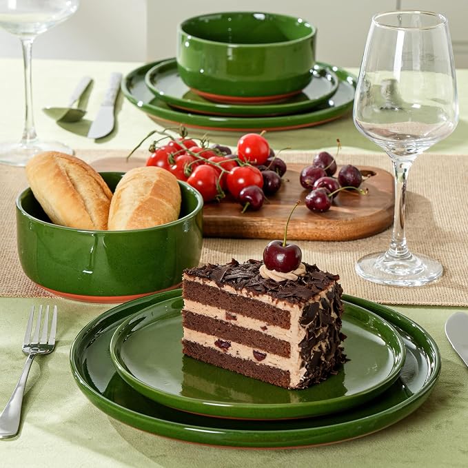 6 Piece Ceramic Plates and Bowls Sets for 2, Elegant Green | Stoneware Dinnerware Set, Dishwasher & Microwave Safe, Handcrafted, Perfect for Family and Gatherings
