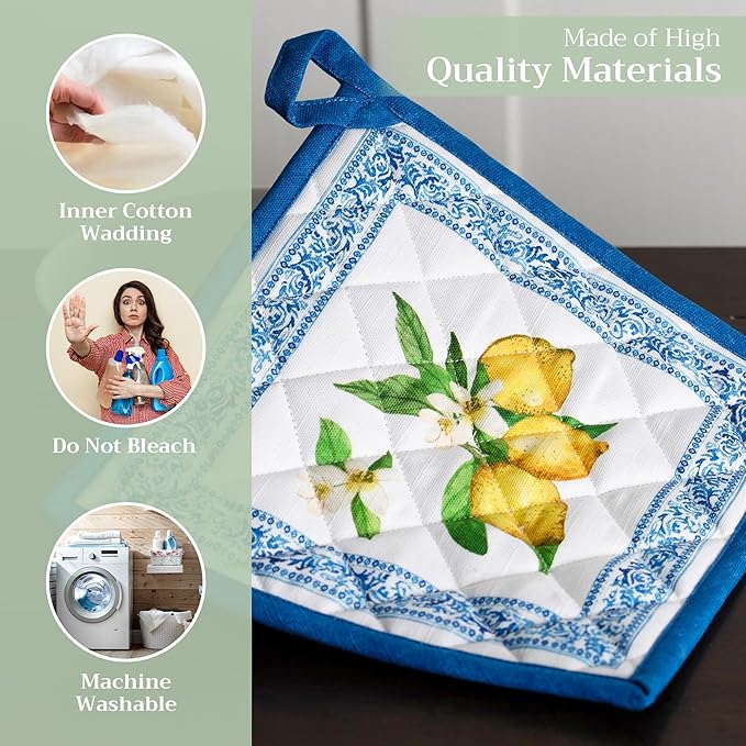 Maison d' Hermine Pot Holders 100% Cotton Heat Resistant Potholders 8" x 8" Hot Pads with Loop BBQ Cooking Baking Gifts for Mothers Day Handling Hot Pans Spring/Summer (Pack of 2, Cedrat)