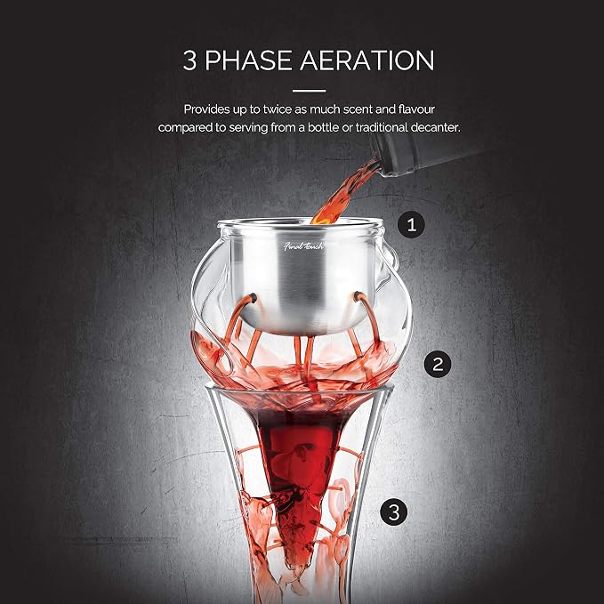 Final Touch Conundrum Stainless Steel Wine Decanter Aerator - Instant Oxygenation, 3 Phase Aeration System, Sediment Filter, Fits Angled & Straight Decanters (WDA595)