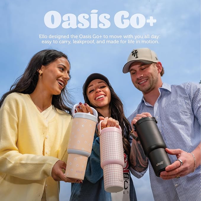 Ello Oasis Go+ 26oz Tumbler with Top Handle and Retracting Straw | Reusable Insulated Stainless Steel Cup, 100% Leakproof Water Bottle, 24 Hours Cold, Cup Holder Friendly For Travel | Alligator
