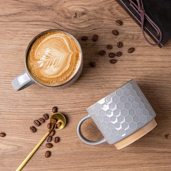 GBhome 15OZ Stackable Coffee Mugs, Ceramic Coffee Mugs with Texture Patterns for Man,Woman,Dad,Mom, Modern Coffee Cups Set of 4 for Latte/Cappuccino/Cocoa. Dishwasher&Microwave Safe, Gray