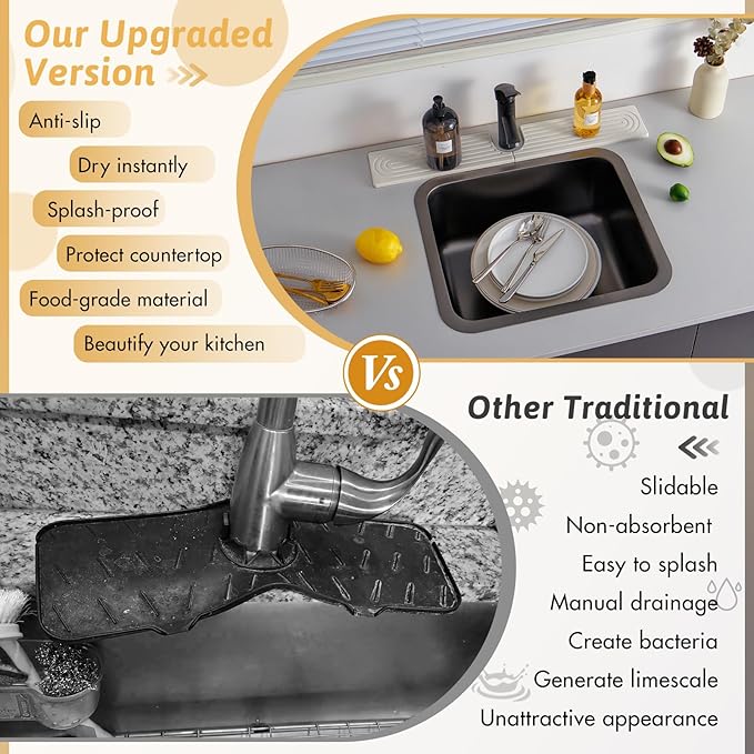 New Version Super Absorbent Faucet Mat, Kitchen Sink Dish Drying Stone Tray, Prevents Moisture Buildup, Diatomaceous Earth Faucet Handle Drip Catcher, Sink Splash Guard Bathroom Accessories, Ash Gray