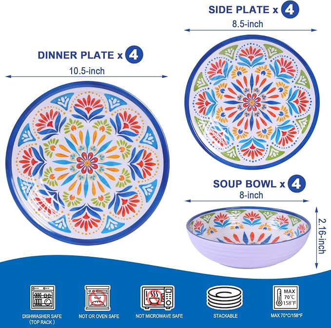 Dinnerware Set 12Pcs Melamine Plates and Bowls (Blue Flower) | Wedding Gift,Parties,Home,Service,Durable,Floral Pattern,Tableware Dinner, Salad Dessert Plates,Housewarming