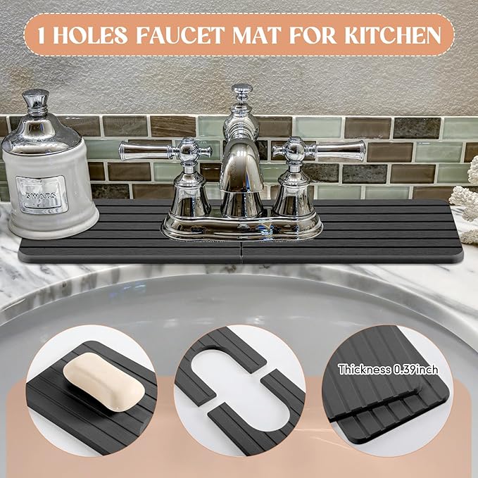 Funnymoom Stone Faucet Mat Sink Splash Guard, 24" Diatomite Quick Drying Stone Faucet Mat, Super Absorbent, Kitchen Sink Oval and Round Splash Tap Pad for Bathroom Counter & Kitchen(Grey)