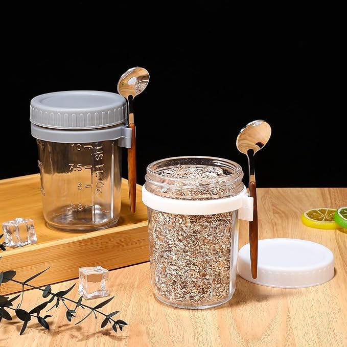 Beaupretty 4 Pcs 400ml Macaron Airtight Glass Jars with Lids and Spoons, Wide Mouth Kitchen Storage Canisters for Cereal, Oatmeal, Yogurt, and Meal Prep