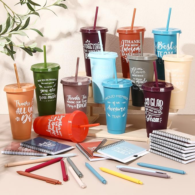 Shellwei 36 Pcs Employee Appreciation Gifts Bulk 24 oz Thank You Tumbler with Lid and Straw Mini Spiral Notebooks and Pens Appreciation Gifts for Team Employee Coworkers Teacher (Positive)