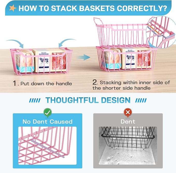 SUNALLY Freezer Organizer Bins, 8 Pack Stackable Chest Freezer Organizer for 5-7 Cu.FT Deep Freezer Sort Frozen Meats and Food, Freezer Storage Baskets with Handles Easy Reach from Bottom, Pink
