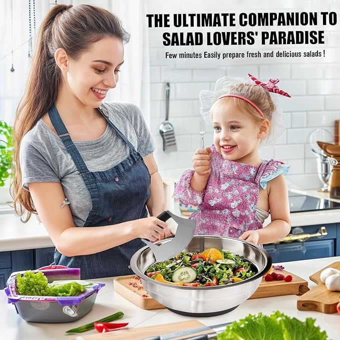 ZMCYNG Salad Chopper Bowl - Stainless Steel Salad Chopping Bowl, Sala d Chopper Bowl and Cutter with Lid, Chef Grade Salad- Chopper Blade and Bowl, Mezzaluna Mincing Knife, Super-fast Sala d Prep