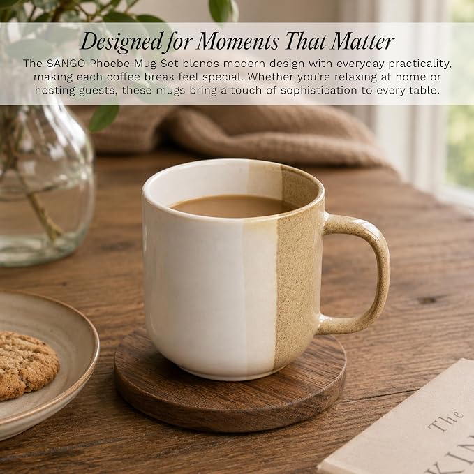 SANGO Phoebe Caramel/White Coffee Mugs Set of 4, 15 oz Stoneware Coffee Mug Set, Big Glossy Ceramic Tea Cup for Cappuccino, Latte, Cocoa, Large Coffee Cups with Handle, Microwave & Dishwasher Safe