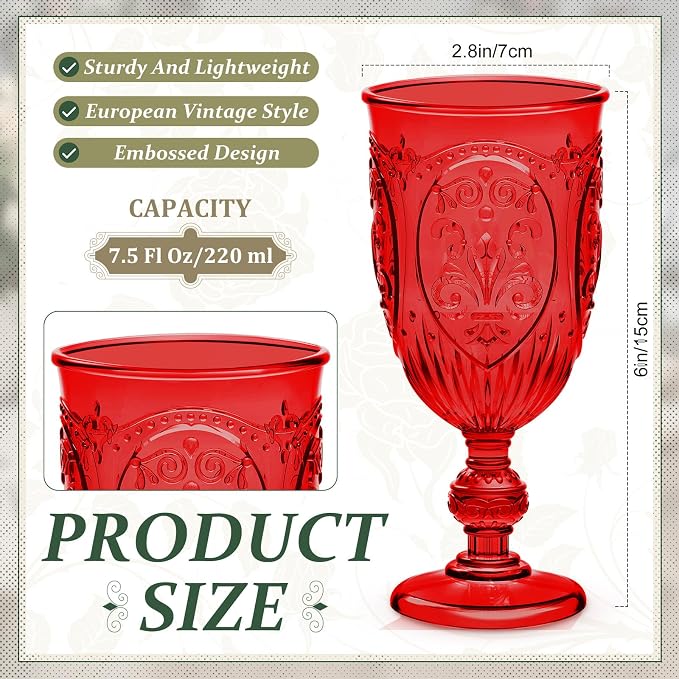 Wiwiqing 24 Pcs Plastic Goblets 7.5oz Vintage Goblet Plastic Wine Glasses Colored Retro Embossed Water Goblets for Wine Bar Juice Baby Shower Wedding Reception Grand Event Party (Red)