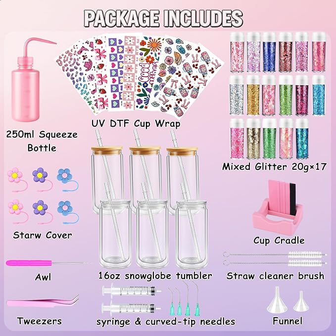 LEGEOS 6 Pack Snow Globe Tumbler Starter Kit, Snowglobe Tumbler Supplies–Includes 16oz Pre-Drilled Double Wall Acrylic Cups with Lids and Straws, DTF Cup Wraps, Birthday Gifts for Women