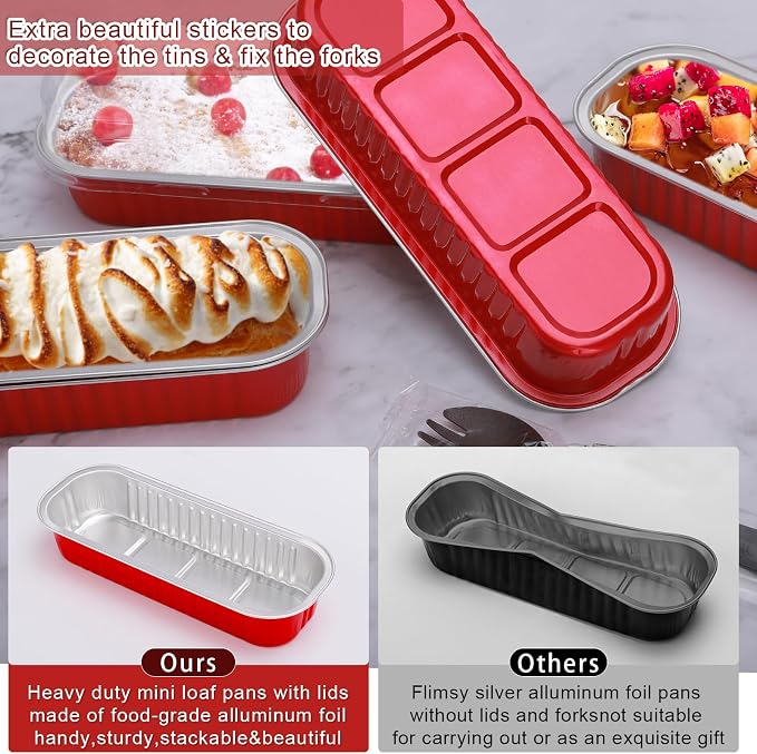 100Pack Disposable Aluminum Pans Mini Cake Containers with Lids and Spoons and Stickers, 6.8Oz Loaf Pans for Baking Bread, Dessert Cups with Lids for Party, Picnics, Celebration