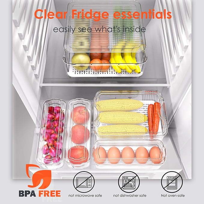 SMRCAD Fridge Organizers and Storage, 8 Pack Clear Freezer Organizer Bins with Lids for Kitchen, Pantry, Refrigerator, Food, Fruit, Vegetable Storage (8 Bins (Include Pull Out Drawer))