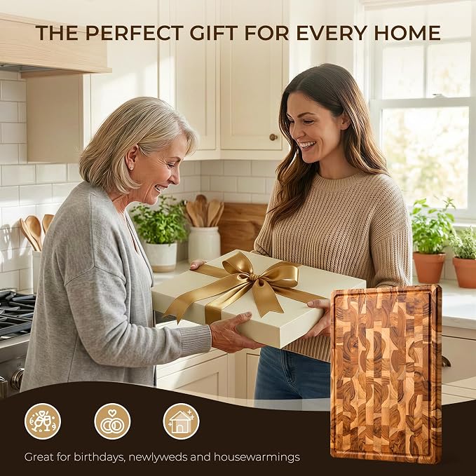 Teak Wood Cutting Boards for Kitchen,Large Butcher Block End Grain Wooden Checkered Cutting Board with Juice Groove Handle Hardwood Chopping Charcuterie Board Non Toxic Best Kitchen Essential Gift 17"