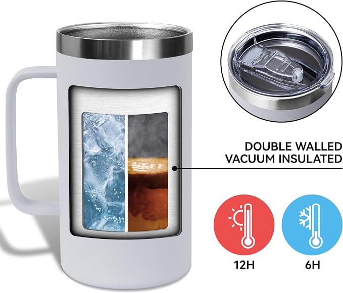 DOMICARE 24oz Mug with Handle and Lid, Stainless Steel Coffee Mug, Reusable Insulated Cup, Travel Mug with Handle, Double Wall Vacuum Coffee Tumbler for Men and Women, White, Pack 1