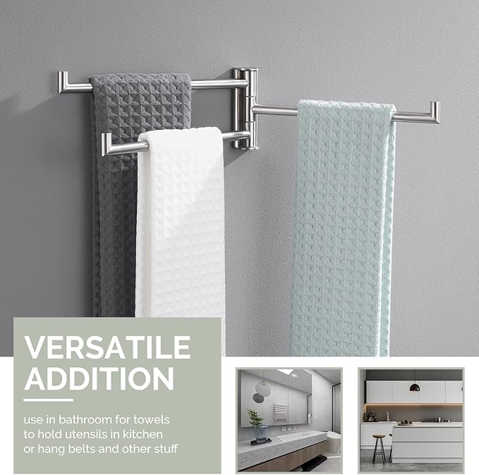 Angle Simple Swivel Hand Towel Holder 3 Bars Brushed Nickel, 304 Stainless Steel Hand Towel Rack for Bathroom Wall Mount
