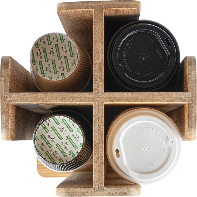 Restaurantware Restpresso 9 x 18 Inch Coffee Cup and Lid Organizer 1 Revolving Cup and Lid Holder - 4 Section Countertop Natural Bamboo Cup and Lid Dispenser For Restaurants Homes or Offices