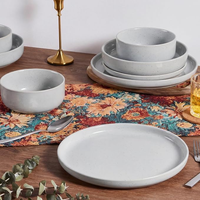 HaWare 24-Piece Plates and Bowls Set for 6, Stoneware Dinnerware Sets with Pasta Bowl, Dishes Set for Home Restaurant, Speckled Misty Grey