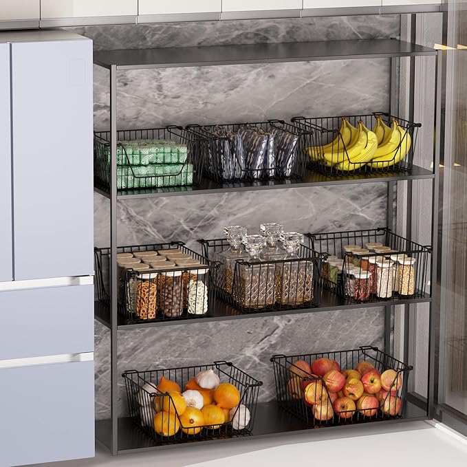 Stackable Wire Metal Baskets Sturdy Cabinet Organizer Wire Pantry Freezer Bin with Handle for Kitchen Pantry Fruit Vegetable Organization, Black, 4Packs