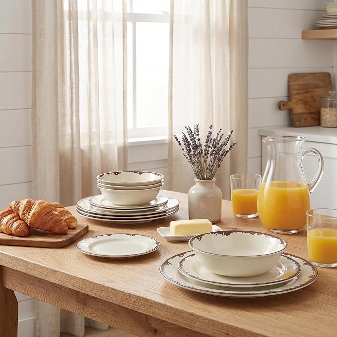 Melamine Dinnerware Set-12 Piece Farmhouse Plates and Bowls Set for 4,Lightweight&Durable Dish Set, Unbreakable Camping/RV Serving Dinner Plates, Dishwasher Safe, Off White
