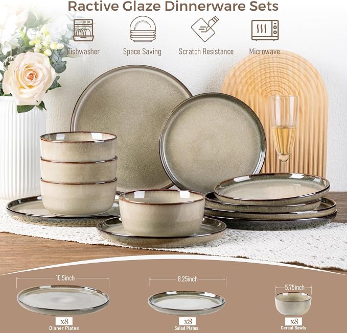GBHOME Dinnerware Sets for 8, 24 Pieces Stoneware Plates and Bowls Sets, Scratch Resistant Dishes, Dishwasher & Microwave Safe, Reactive Glaze